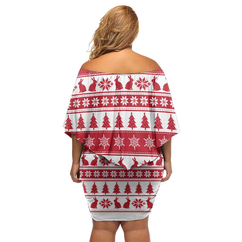 Christmas Santa Bunny Rabbits Off Shoulder Short Dress Red White Tree Snowflake Pattern - Wonder Print Shop
