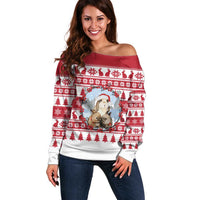 Christmas Santa Bunny Rabbits Off Shoulder Sweater Red White Tree Snowflake Pattern - Wonder Print Shop