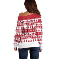 Christmas Santa Bunny Rabbits Off Shoulder Sweater Red White Tree Snowflake Pattern - Wonder Print Shop