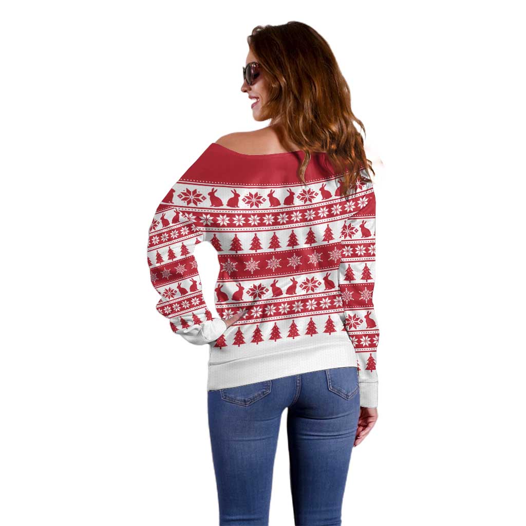 Christmas Santa Bunny Rabbits Off Shoulder Sweater Red White Tree Snowflake Pattern - Wonder Print Shop