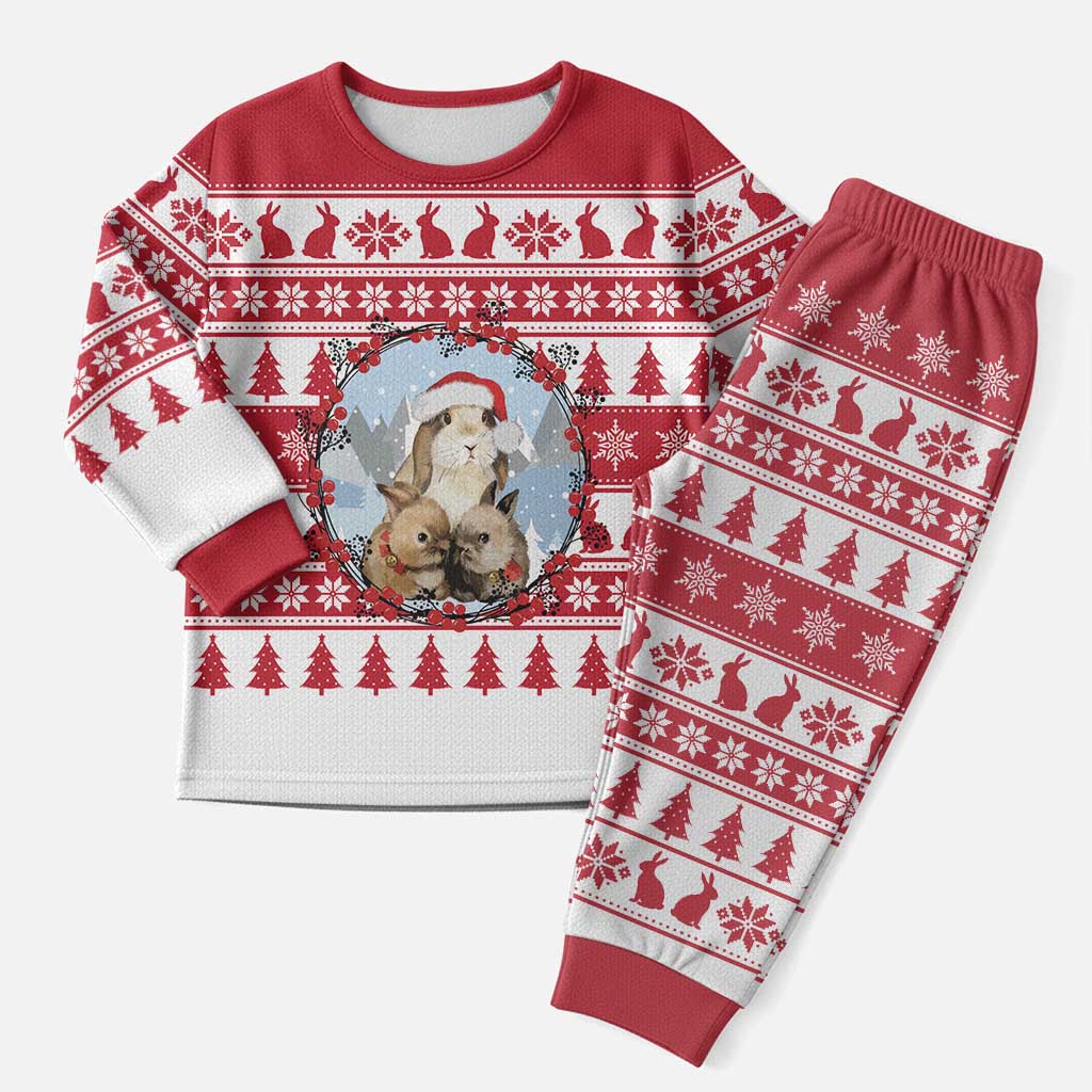 Christmas Santa Bunny Rabbits Christmas Pajama Set Red White Tree Snowflake Pattern - Wonder Print Shop