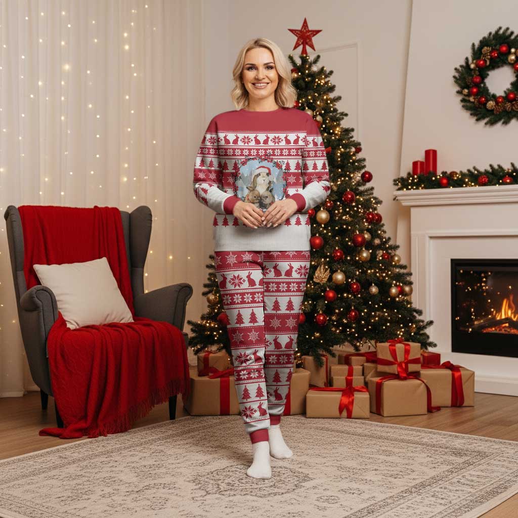 Christmas Santa Bunny Rabbits Christmas Pajama Set Red White Tree Snowflake Pattern - Wonder Print Shop