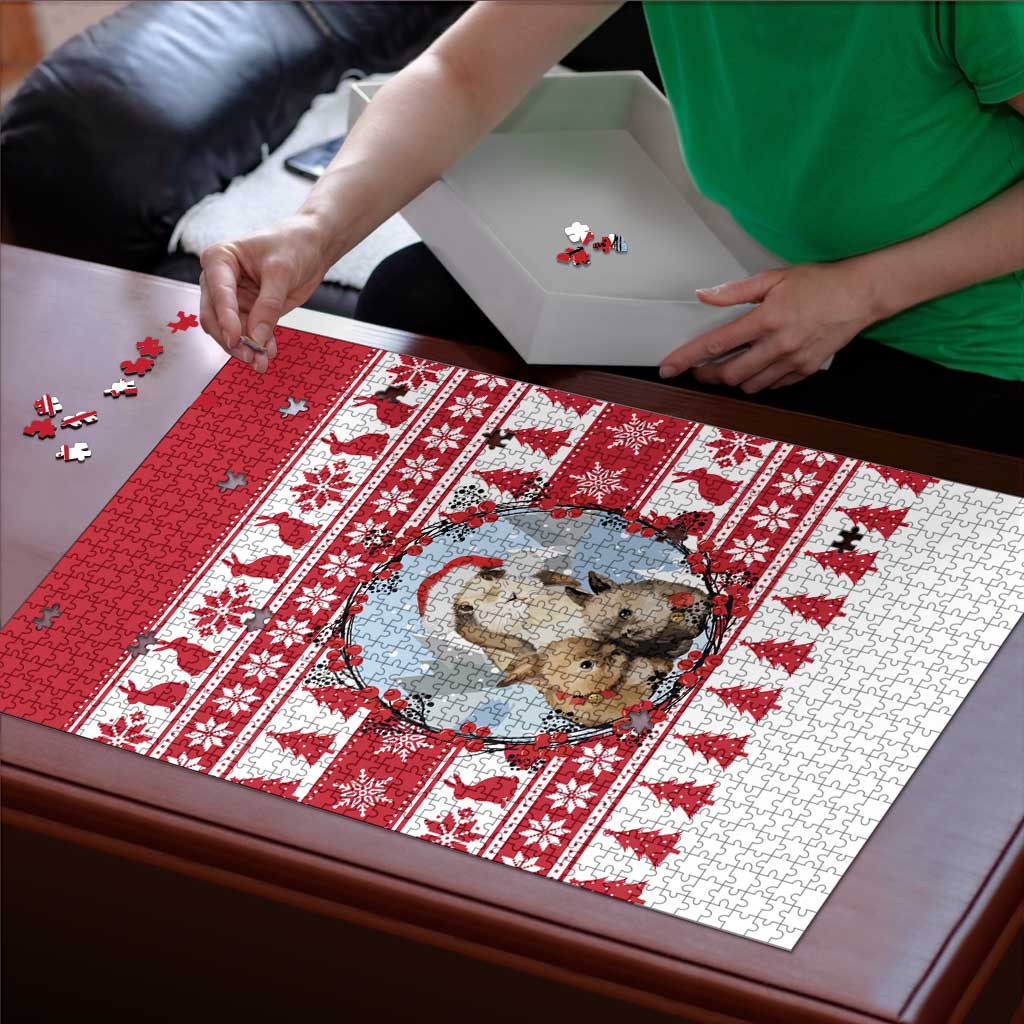 Christmas Santa Bunny Rabbits Puzzle Red White Tree Snowflake Pattern - Wonder Print Shop