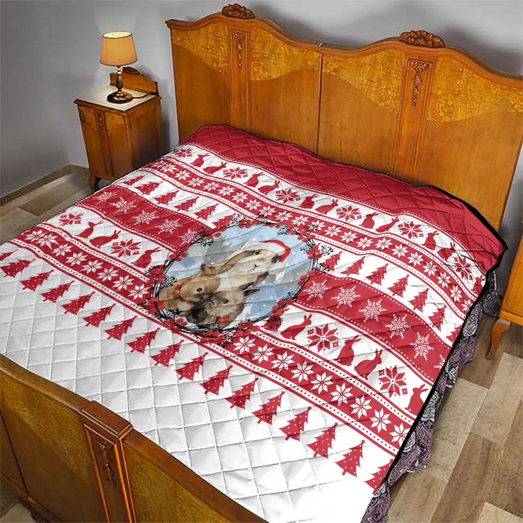 Christmas Santa Bunny Rabbits Quilt Red White Tree Snowflake Pattern - Wonder Print Shop