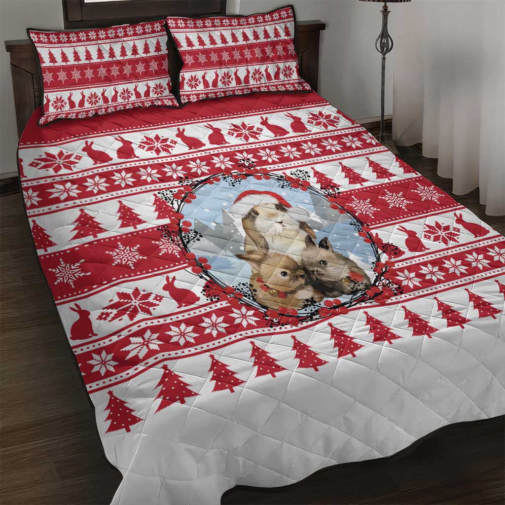 Christmas Santa Bunny Rabbits Quilt Bed Set Red White Tree Snowflake Pattern - Wonder Print Shop