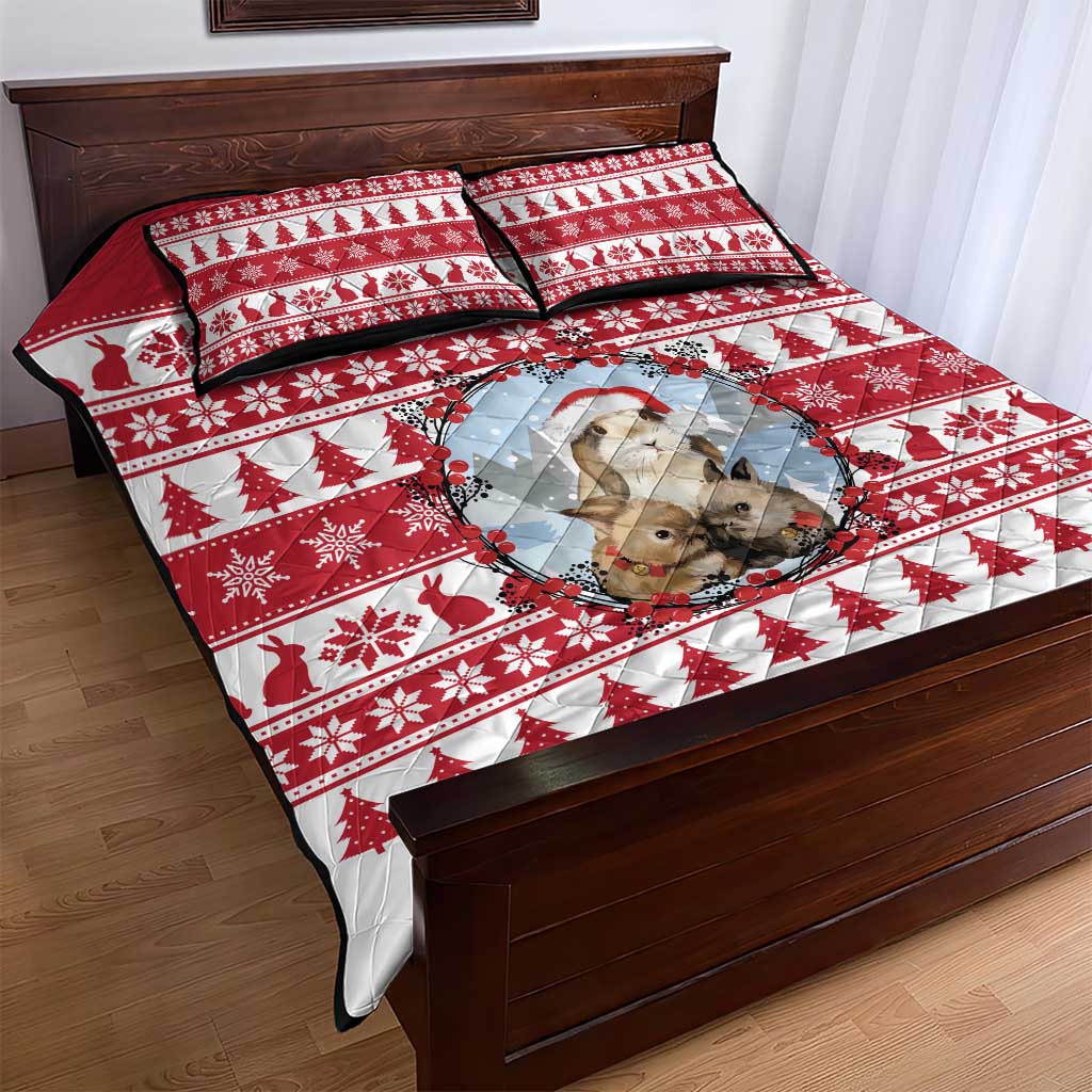 Christmas Santa Bunny Rabbits Quilt Bed Set Red White Tree Snowflake Pattern - Wonder Print Shop