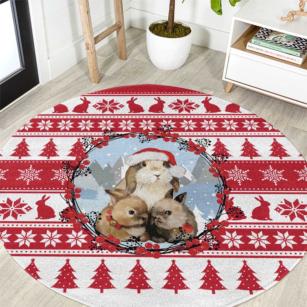 Christmas Santa Bunny Rabbits Round Carpet Red White Tree Snowflake Pattern - Wonder Print Shop