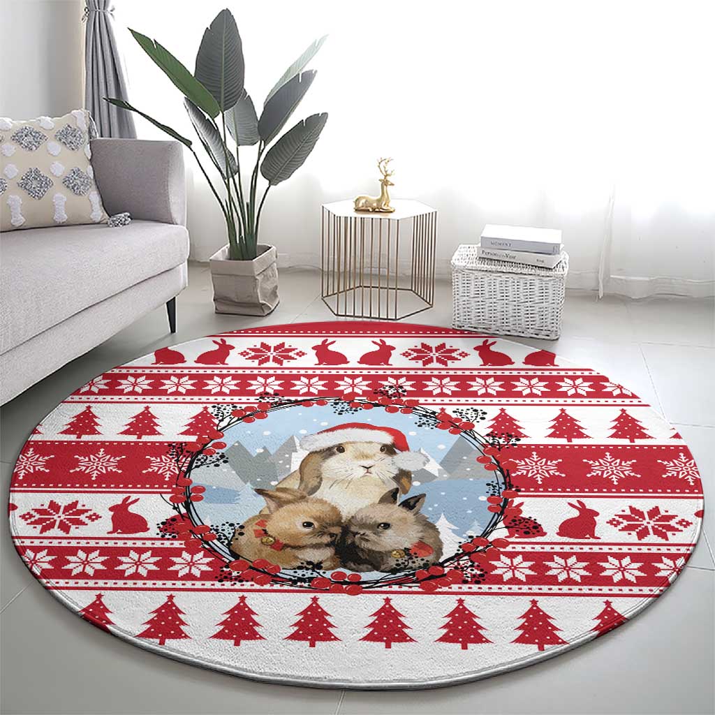 Christmas Santa Bunny Rabbits Round Carpet Red White Tree Snowflake Pattern - Wonder Print Shop