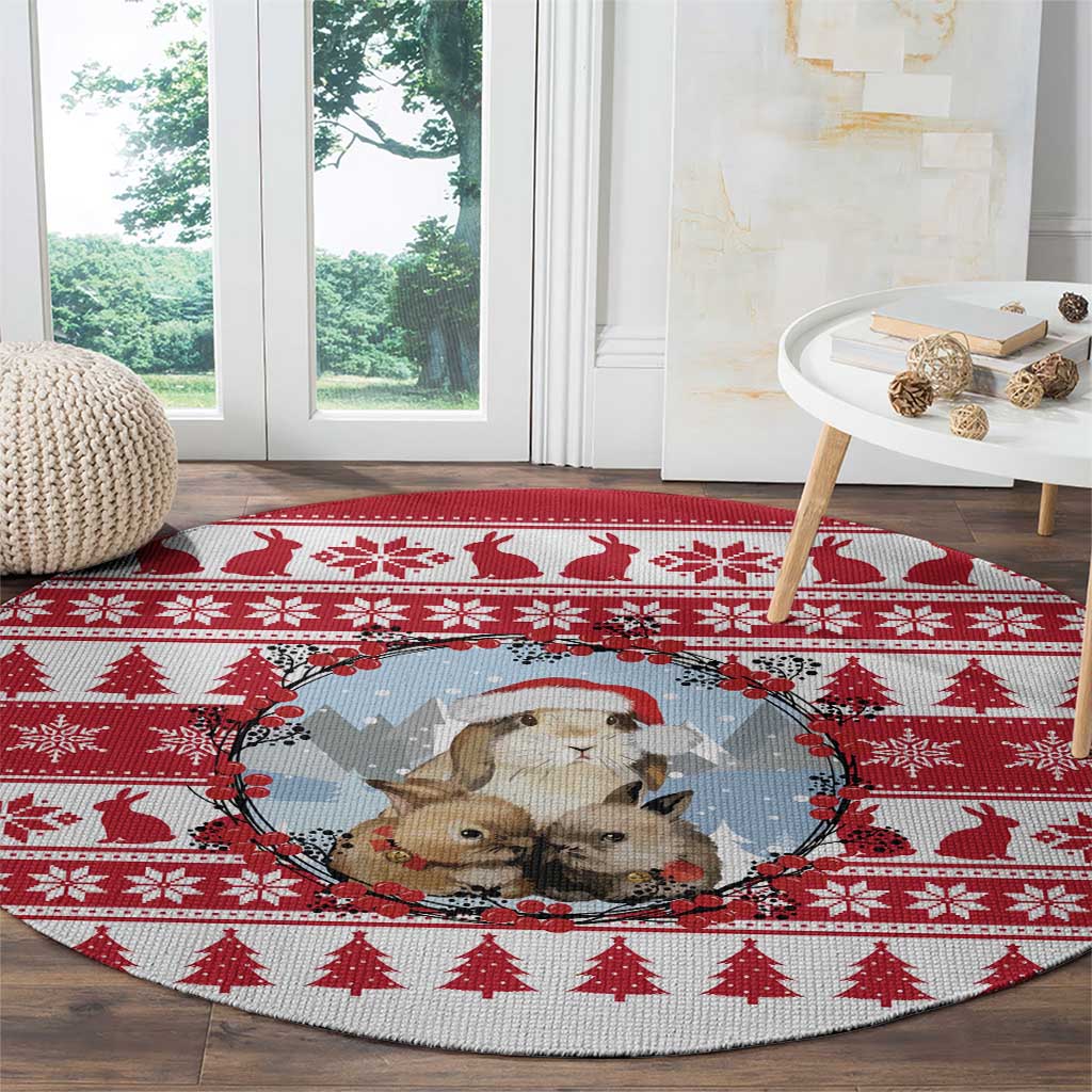 Christmas Santa Bunny Rabbits Round Carpet Red White Tree Snowflake Pattern - Wonder Print Shop