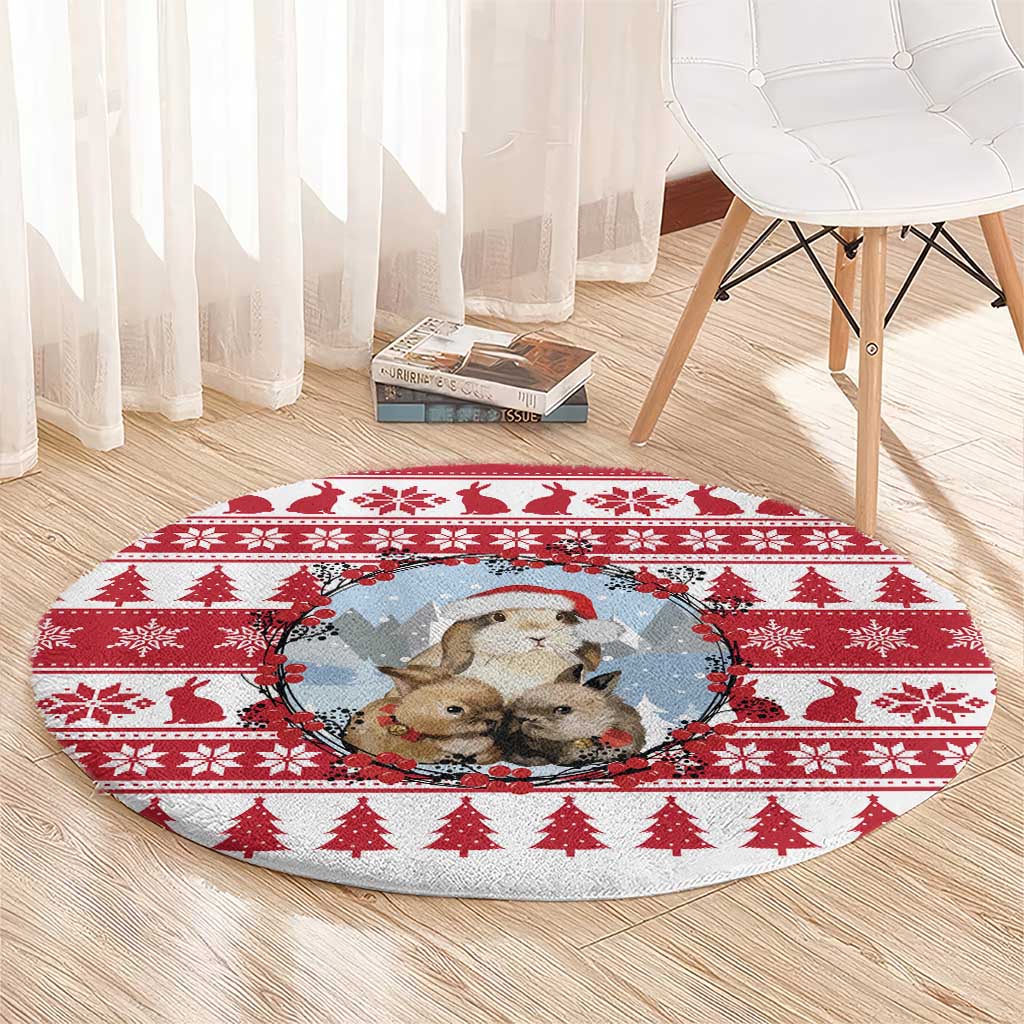 Christmas Santa Bunny Rabbits Round Carpet Red White Tree Snowflake Pattern - Wonder Print Shop