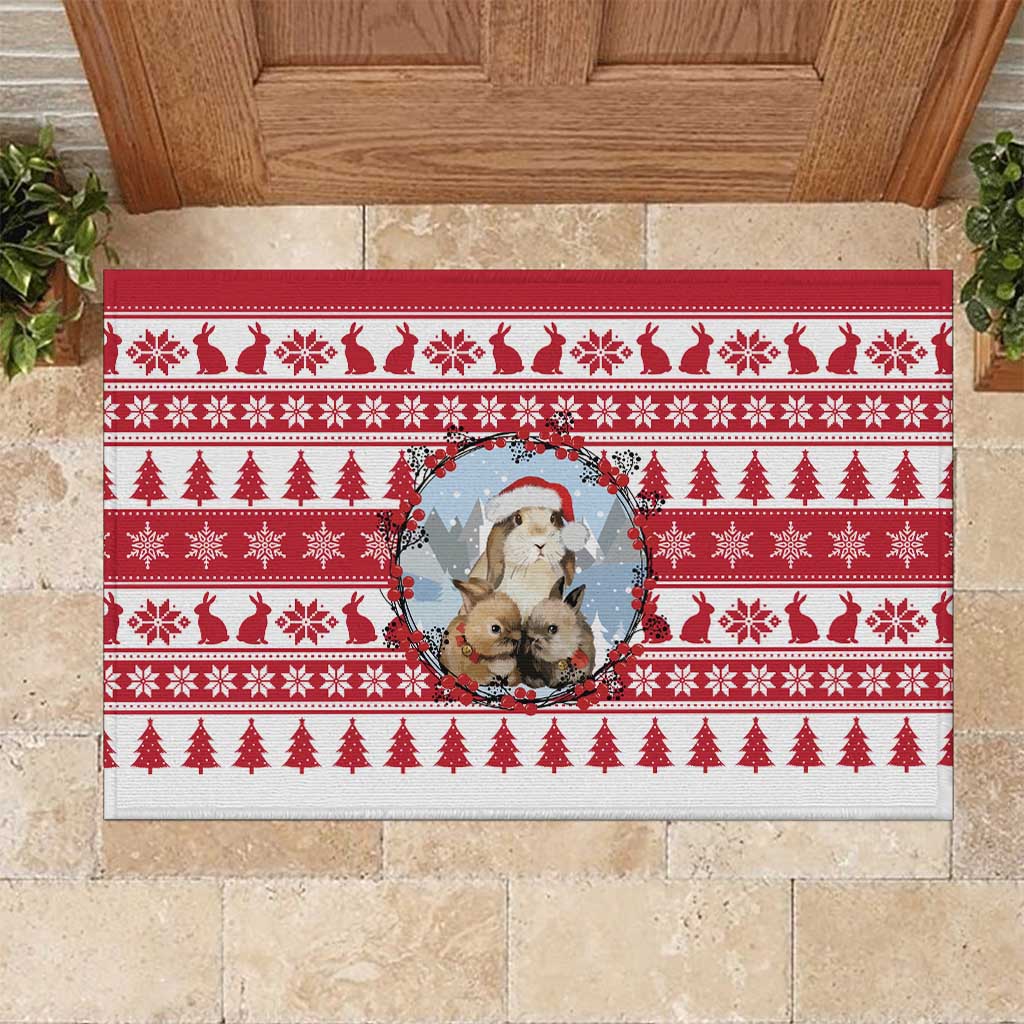 Christmas Santa Bunny Rabbits Rubber Doormat Red White Tree Snowflake Pattern - Wonder Print Shop