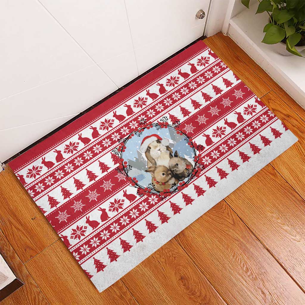 Christmas Santa Bunny Rabbits Rubber Doormat Red White Tree Snowflake Pattern - Wonder Print Shop