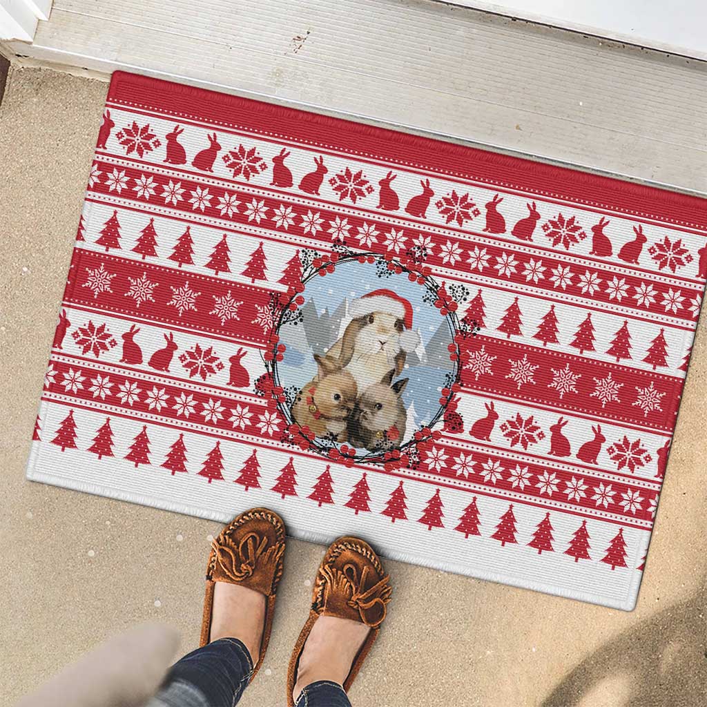 Christmas Santa Bunny Rabbits Rubber Doormat Red White Tree Snowflake Pattern - Wonder Print Shop