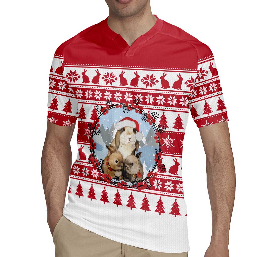 Christmas Santa Bunny Rabbits Rugby Jersey Red White Tree Snowflake Pattern - Wonder Print Shop