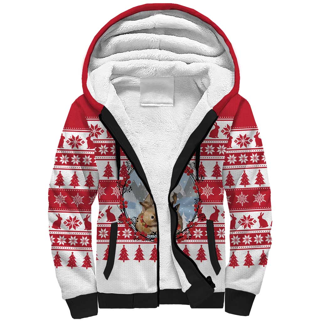 Christmas Santa Bunny Rabbits Sherpa Hoodie Red White Tree Snowflake Pattern - Wonder Print Shop