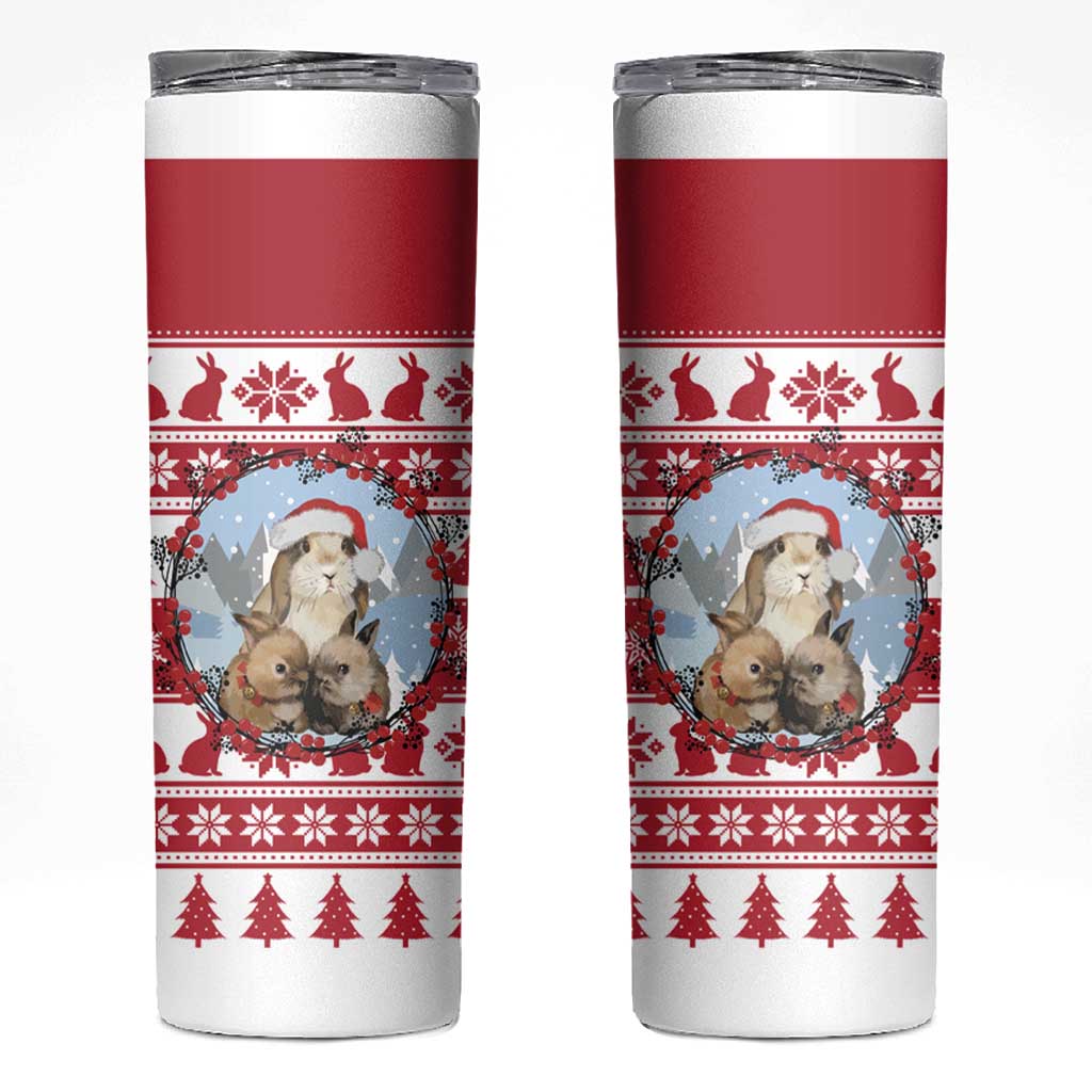 Christmas Santa Bunny Rabbits Skinny Tumbler Red White Tree Snowflake Pattern - Wonder Print Shop