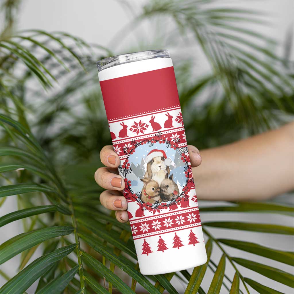 Christmas Santa Bunny Rabbits Skinny Tumbler Red White Tree Snowflake Pattern - Wonder Print Shop