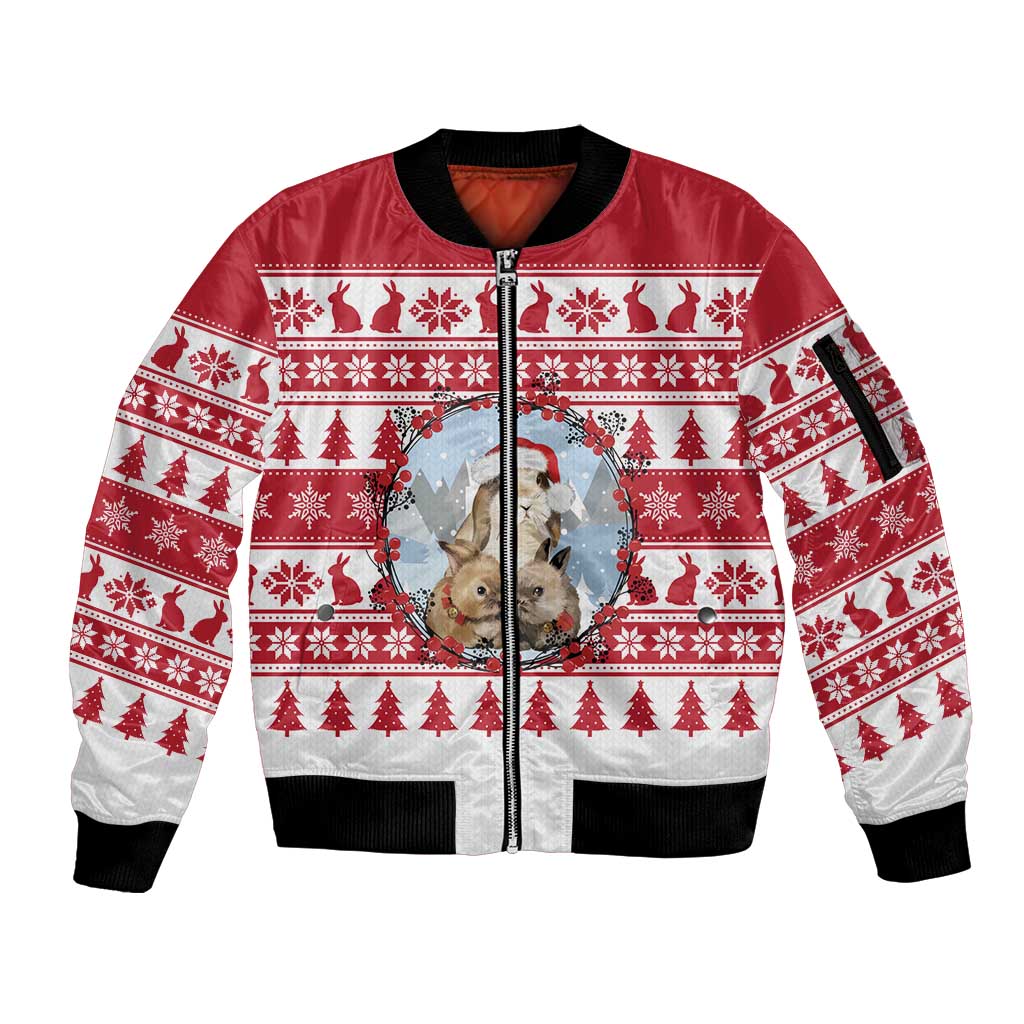 Christmas Santa Bunny Rabbits Sleeve Zip Bomber Jacket Red White Tree Snowflake Pattern - Wonder Print Shop