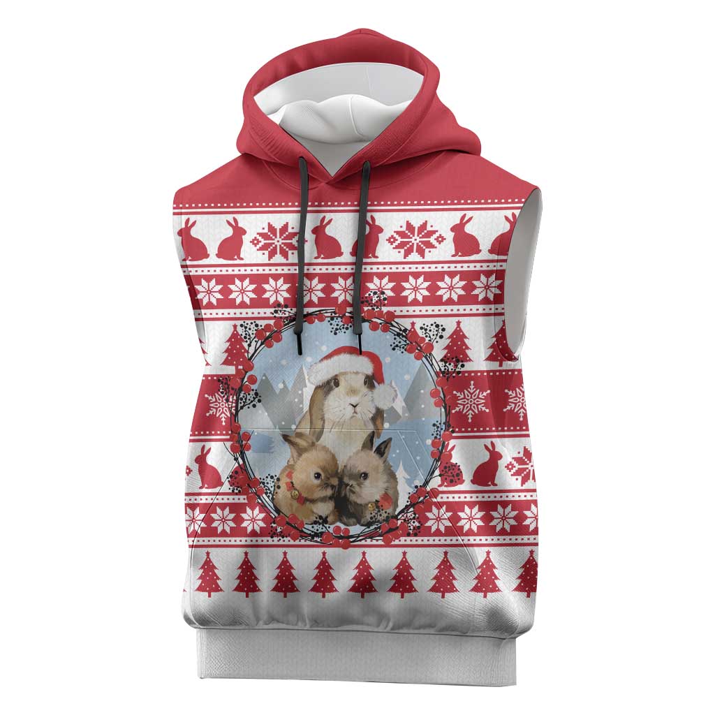 Christmas Santa Bunny Rabbits Sleeveless Hoodie Red White Tree Snowflake Pattern - Wonder Print Shop