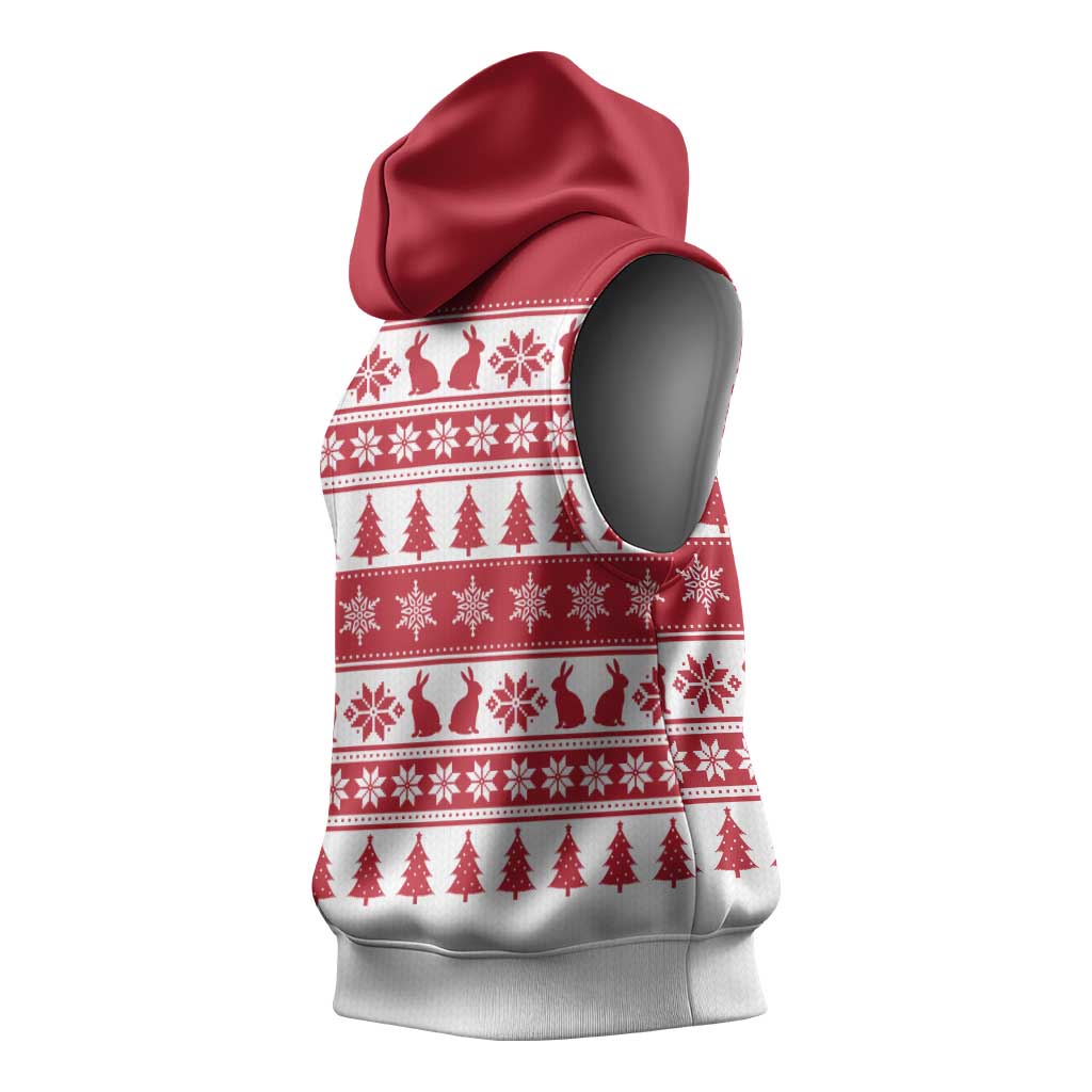 Christmas Santa Bunny Rabbits Sleeveless Hoodie Red White Tree Snowflake Pattern - Wonder Print Shop