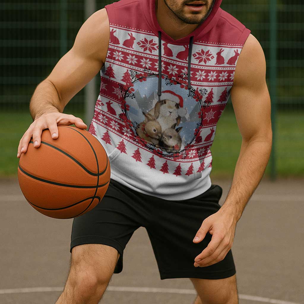 Christmas Santa Bunny Rabbits Sleeveless Hoodie Red White Tree Snowflake Pattern - Wonder Print Shop