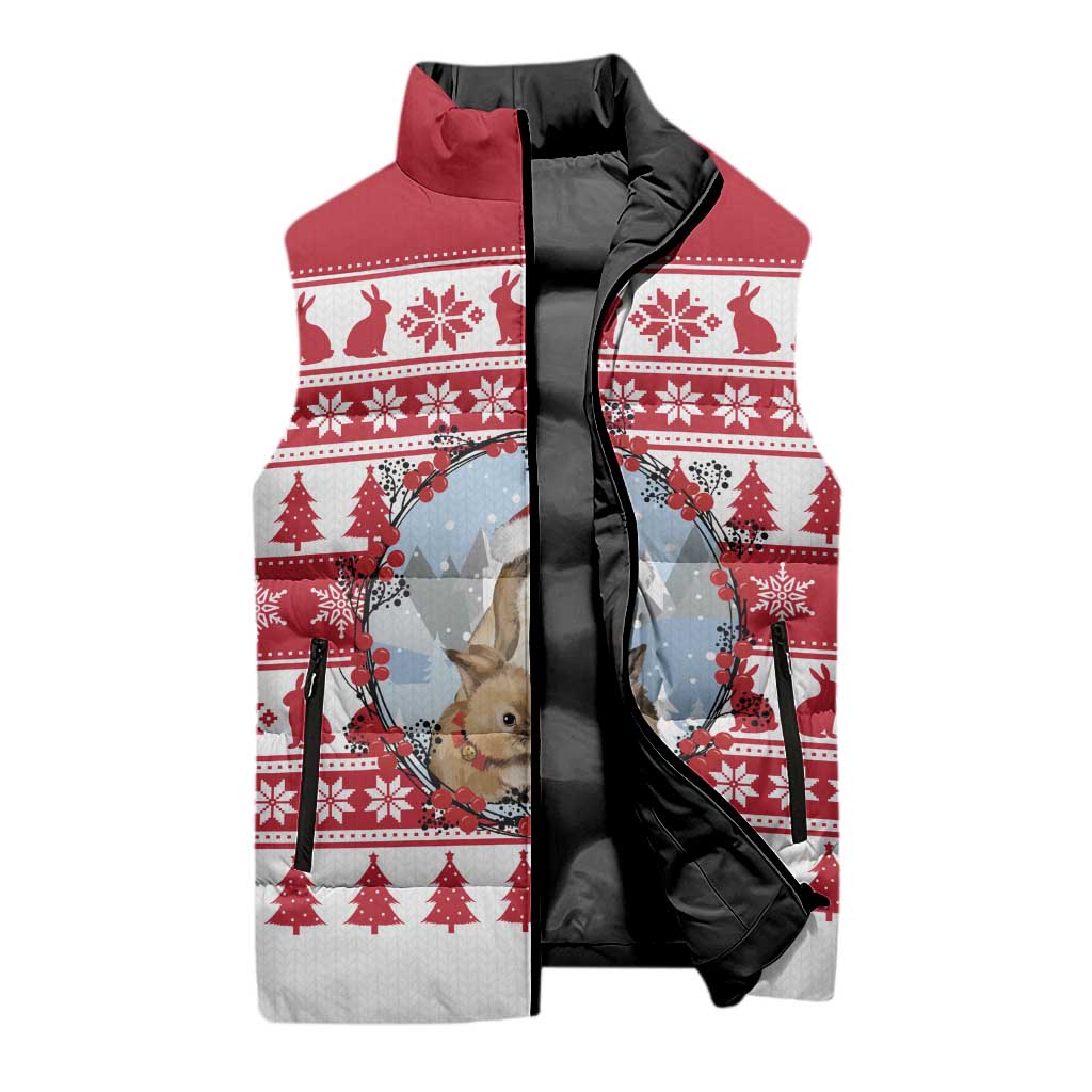 Christmas Santa Bunny Rabbits Sleeveless Puffer Jacket Red White Tree Snowflake Pattern - Wonder Print Shop
