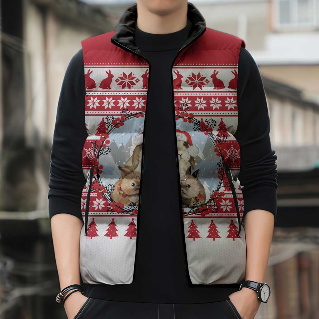 Christmas Santa Bunny Rabbits Sleeveless Puffer Jacket Red White Tree Snowflake Pattern - Wonder Print Shop