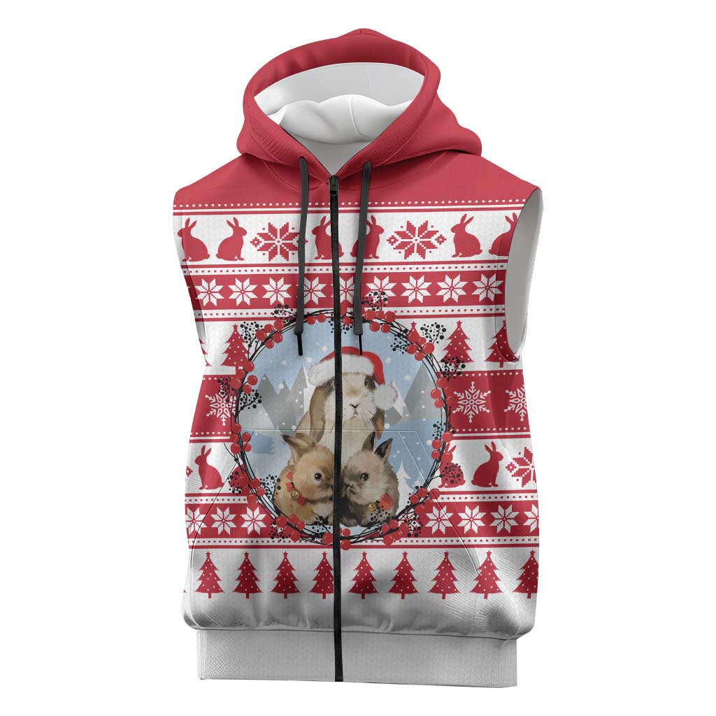 Christmas Santa Bunny Rabbits Sleeveless Zip Hoodie Red White Tree Snowflake Pattern - Wonder Print Shop
