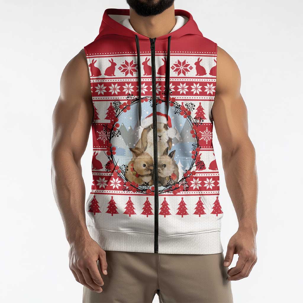 Christmas Santa Bunny Rabbits Sleeveless Zip Hoodie Red White Tree Snowflake Pattern - Wonder Print Shop