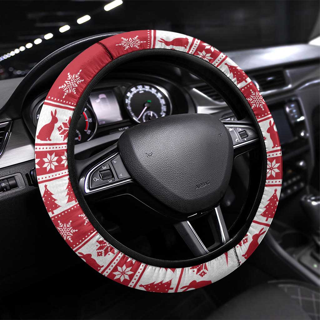 Christmas Santa Bunny Rabbits Steering Wheel Cover Red White Tree Snowflake Pattern - Wonder Print Shop
