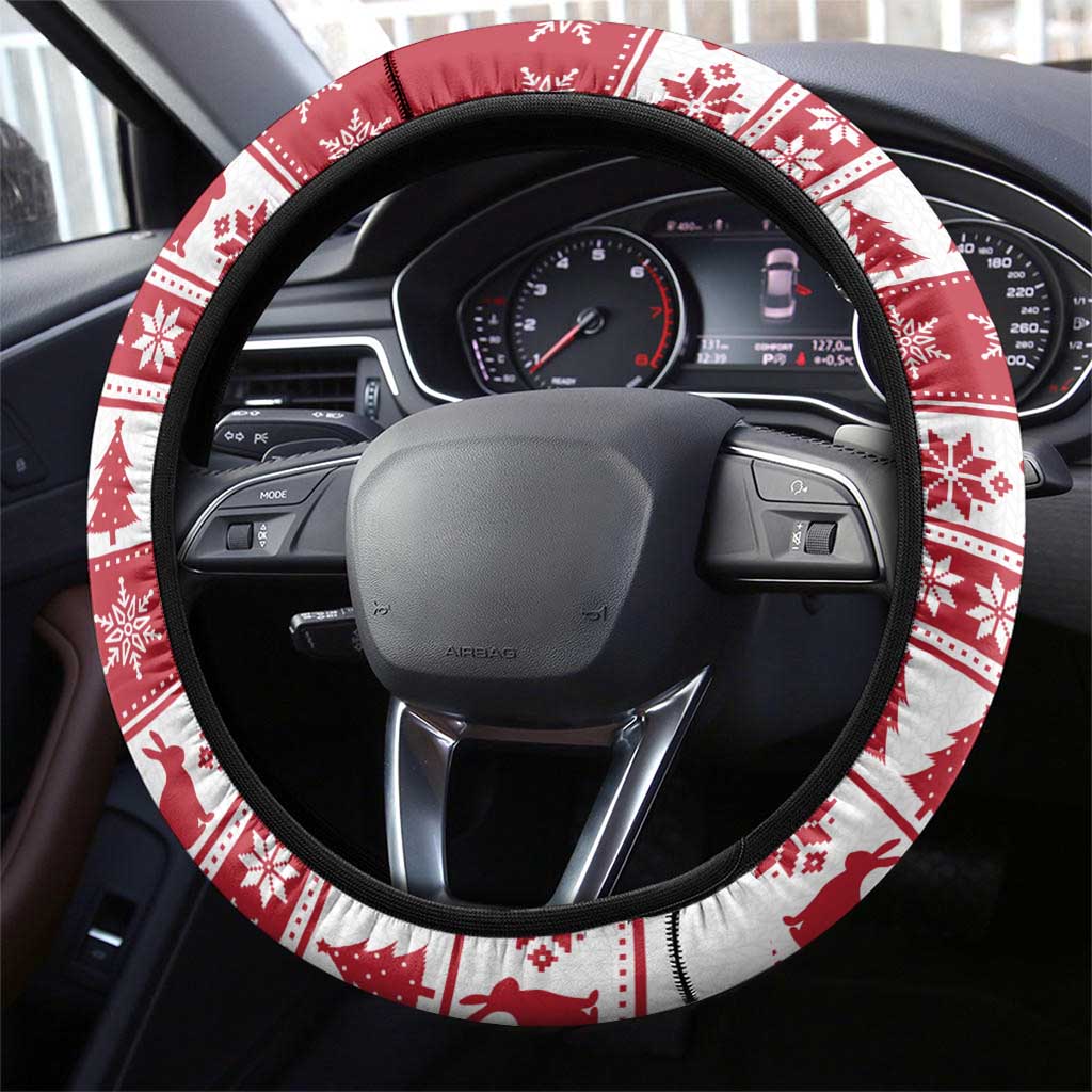 Christmas Santa Bunny Rabbits Steering Wheel Cover Red White Tree Snowflake Pattern - Wonder Print Shop