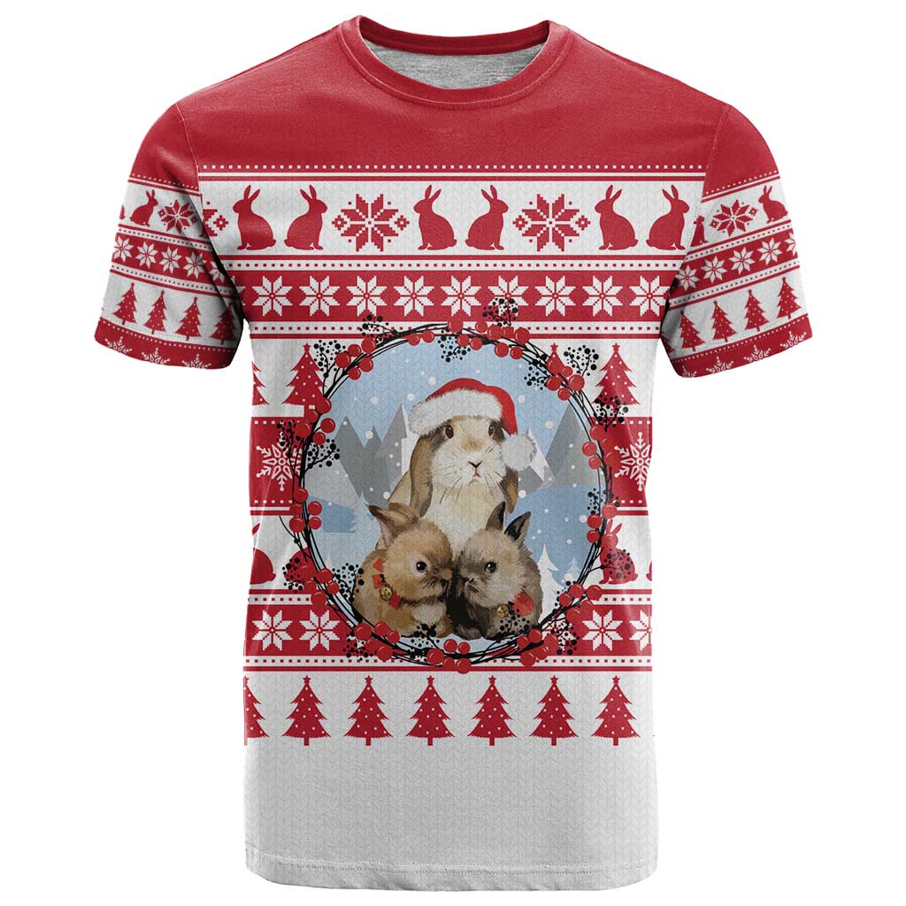 Christmas Santa Bunny Rabbits T Shirt Red White Tree Snowflake Pattern - Wonder Print Shop
