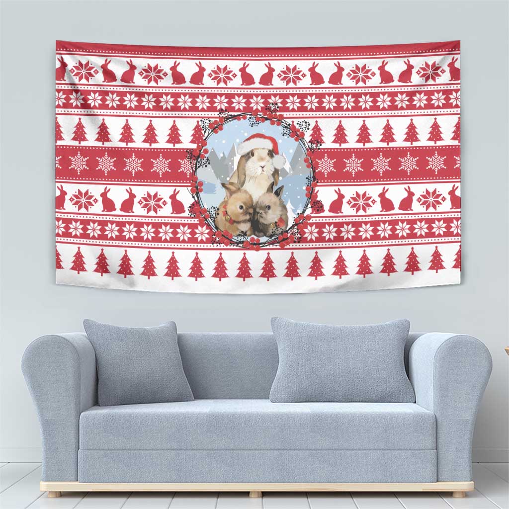Christmas Santa Bunny Rabbits Tapestry Red White Tree Snowflake Pattern - Wonder Print Shop