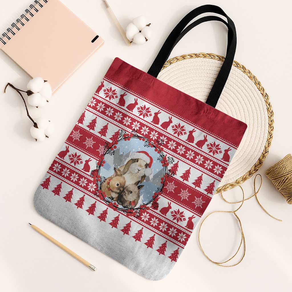 Christmas Santa Bunny Rabbits Tote Bag Red White Tree Snowflake Pattern - Wonder Print Shop