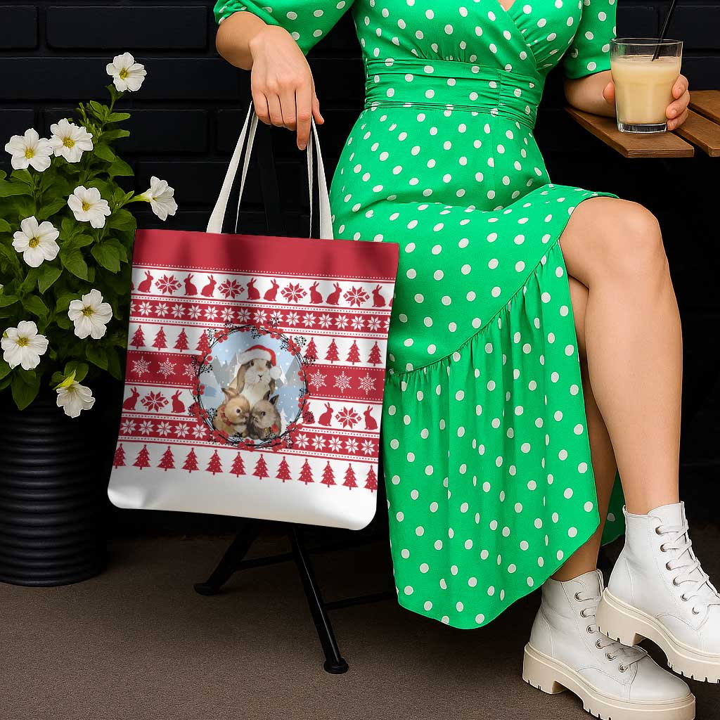 Christmas Santa Bunny Rabbits Tote Bag Red White Tree Snowflake Pattern - Wonder Print Shop
