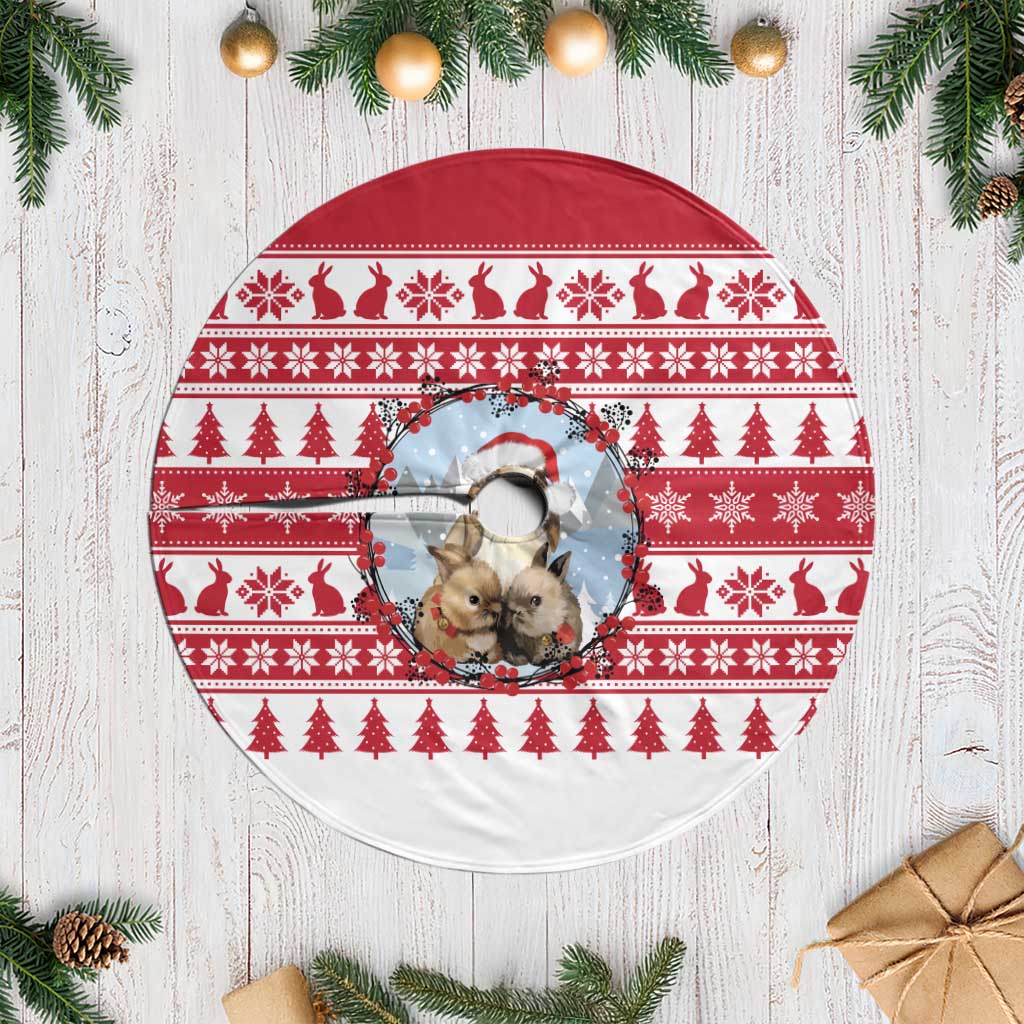 Christmas Santa Bunny Rabbits Tree Skirt Red White Tree Snowflake Pattern - Wonder Print Shop