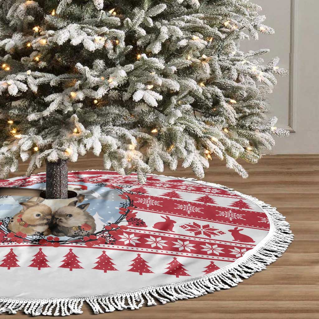 Christmas Santa Bunny Rabbits Tree Skirt Red White Tree Snowflake Pattern - Wonder Print Shop
