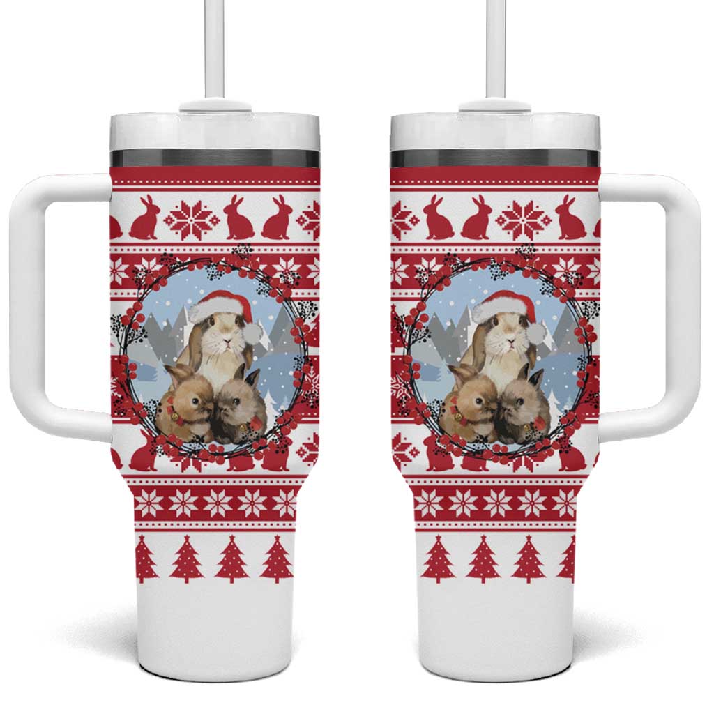 Christmas Santa Bunny Rabbits Tumbler With Handle Red White Tree Snowflake Pattern - Wonder Print Shop