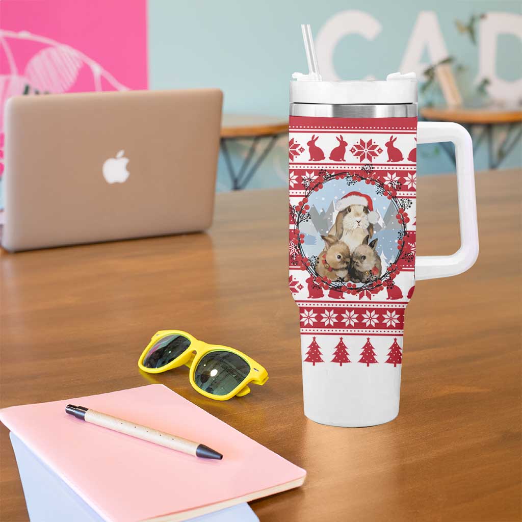 Christmas Santa Bunny Rabbits Tumbler With Handle Red White Tree Snowflake Pattern - Wonder Print Shop