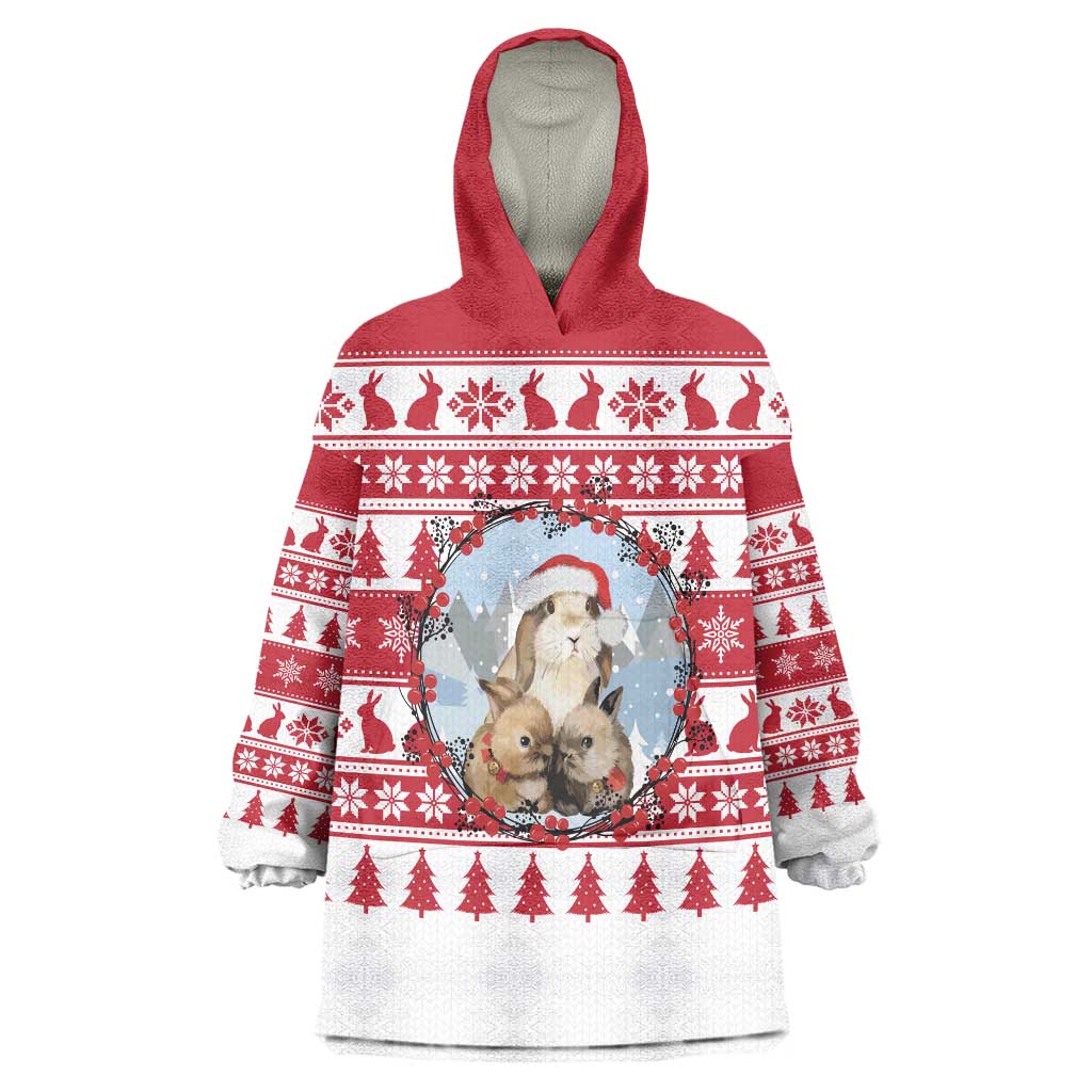 Christmas Santa Bunny Rabbits Wearable Blanket Hoodie Red White Tree Snowflake Pattern - Wonder Print Shop