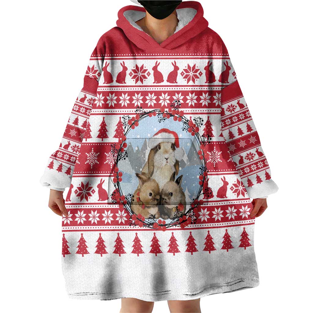 Christmas Santa Bunny Rabbits Wearable Blanket Hoodie Red White Tree Snowflake Pattern - Wonder Print Shop