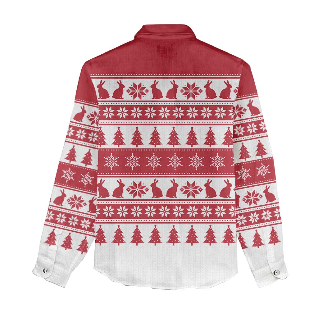 Christmas Santa Bunny Rabbits Women Casual Shirt Red White Tree Snowflake Pattern - Wonder Print Shop
