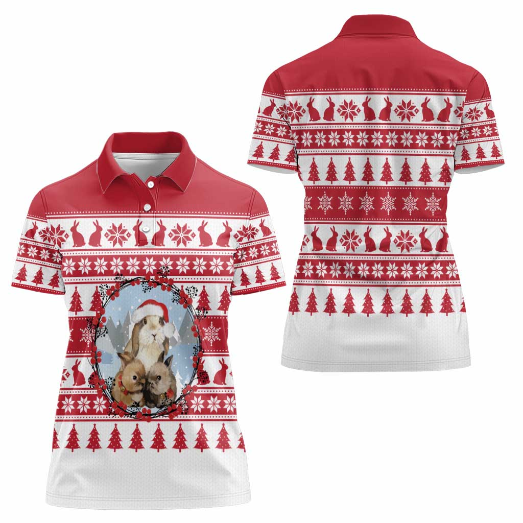 Christmas Santa Bunny Rabbits Women Polo Shirt Red White Tree Snowflake Pattern - Wonder Print Shop