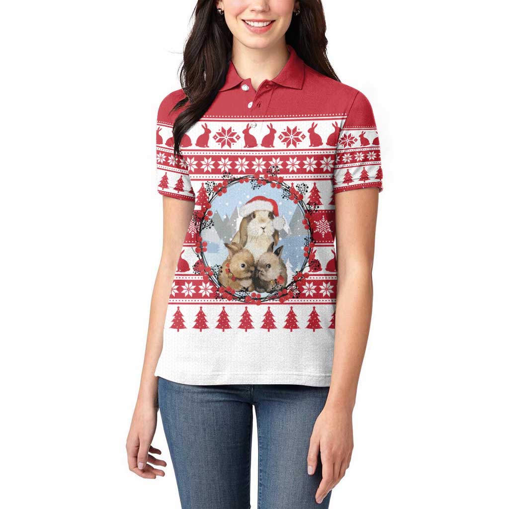 Christmas Santa Bunny Rabbits Women Polo Shirt Red White Tree Snowflake Pattern - Wonder Print Shop