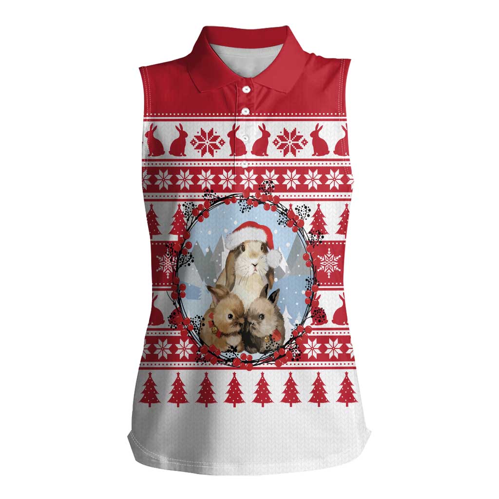 Christmas Santa Bunny Rabbits Women Sleeveless Polo Shirt Red White Tree Snowflake Pattern - Wonder Print Shop