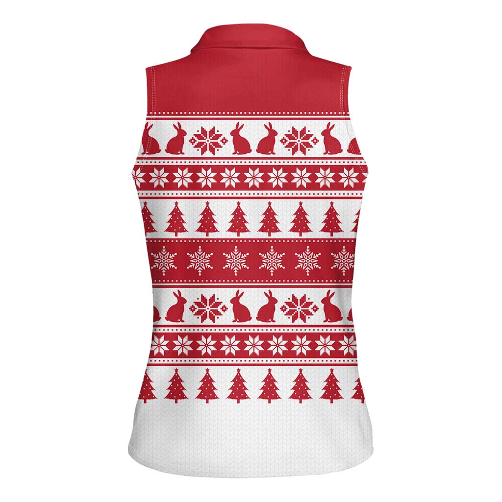 Christmas Santa Bunny Rabbits Women Sleeveless Polo Shirt Red White Tree Snowflake Pattern - Wonder Print Shop