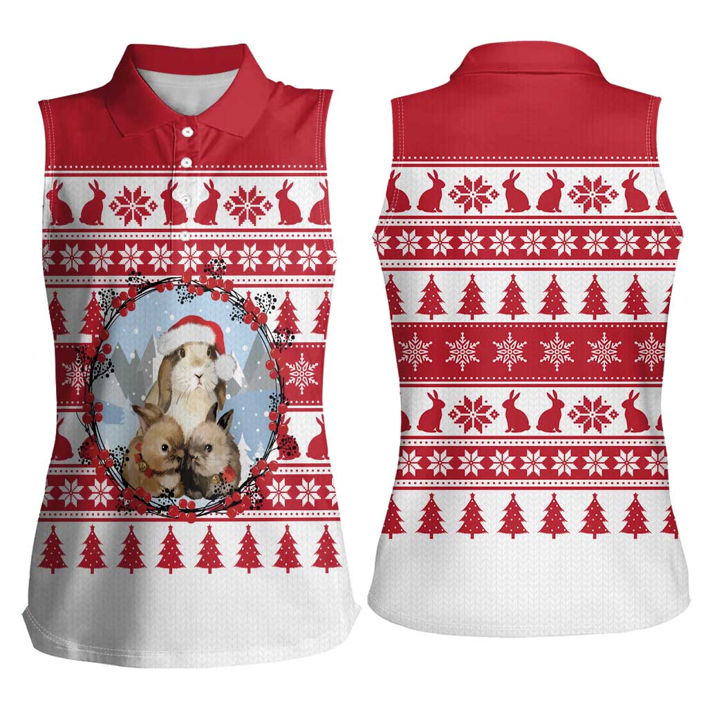 Christmas Santa Bunny Rabbits Women Sleeveless Polo Shirt Red White Tree Snowflake Pattern - Wonder Print Shop