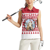 Christmas Santa Bunny Rabbits Women Sleeveless Polo Shirt Red White Tree Snowflake Pattern - Wonder Print Shop