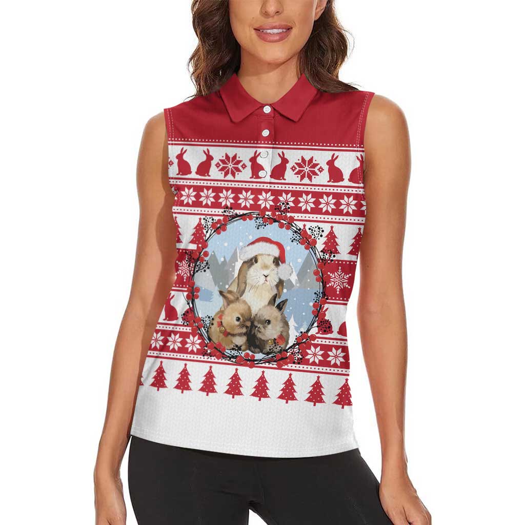 Christmas Santa Bunny Rabbits Women Sleeveless Polo Shirt Red White Tree Snowflake Pattern - Wonder Print Shop
