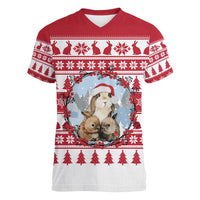 Christmas Santa Bunny Rabbits Women V-Neck T-Shirt Red White Tree Snowflake Pattern - Wonder Print Shop